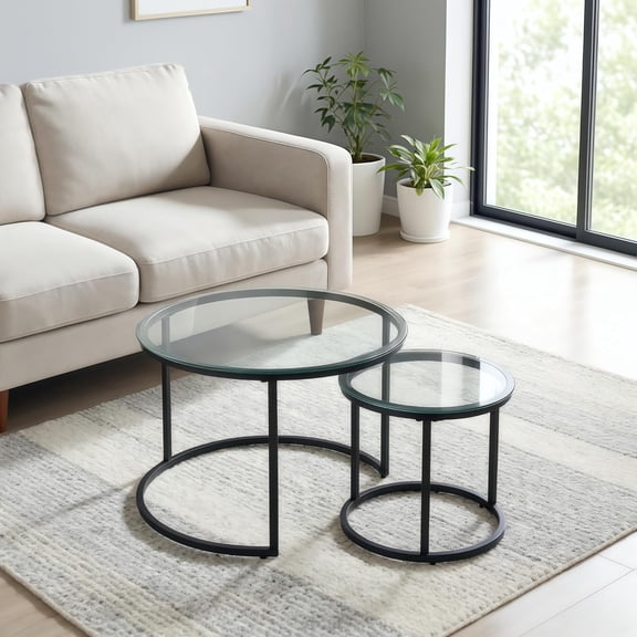 Set of 2 Round Nesting Coffee Tables, Clear Tempered Glass & Black Stacking End Tables