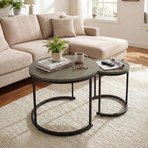 Set of 2 Round Nesting Coffee Tables, Modern Stacking Tables, Oak, Powder-Coated Frame