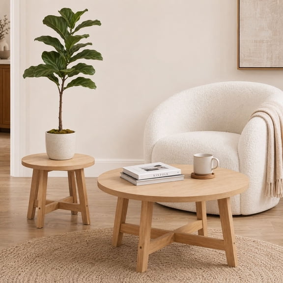 Set of 2 Round Nesting Coffee Tables, Natural Wood Finish Modern Side Tables, X-Shaped Frame Stackable End Tables for Living Room, Bedroom, Balcony