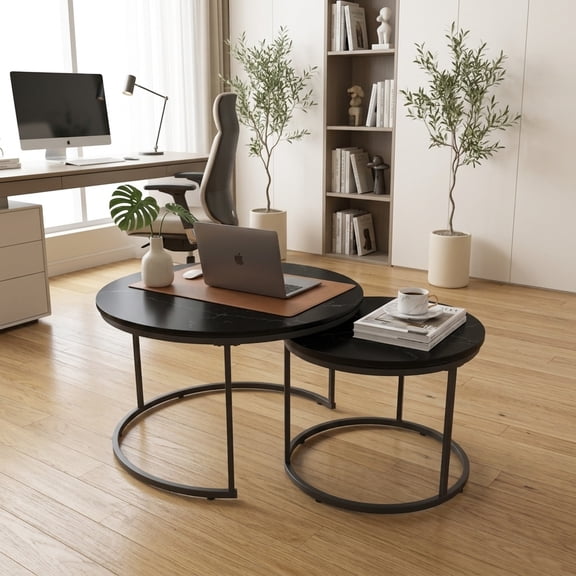 Set of 2 Round Nesting Coffee Tables with Marble Pattern Top & Metal Frame - Black