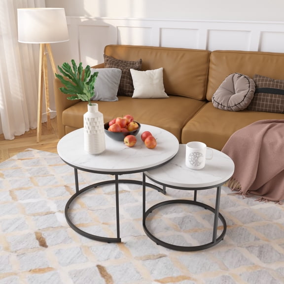 Set of 2 Round Nesting Coffee Tables with Marble Pattern Top and Sturdy Metal Frame, End Side Tables for Living Room and Balcony, White