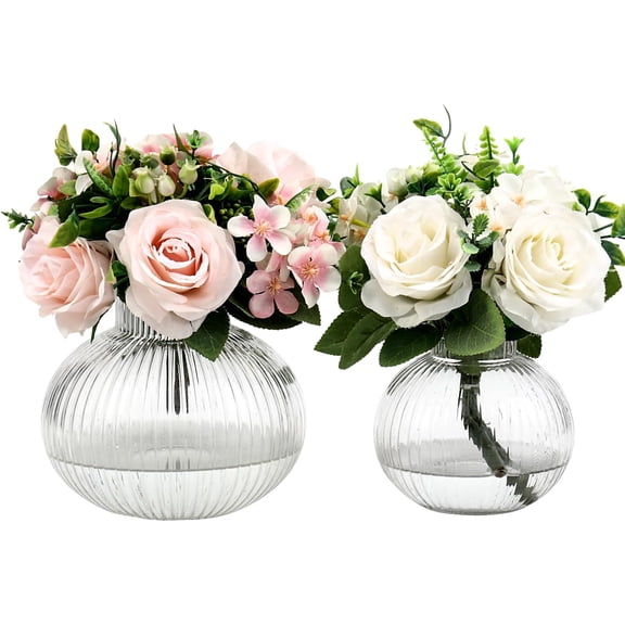 Set of 2 Round Ribbed Glass Vases, Small Clear Flower Vases for Bouquet, Table, or Shelf Decor