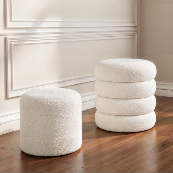 Set of 2 Round Sherpa Storage Ottoman Stools with Removable Lid, 440 lb Capacity, White Boucle Footstools
