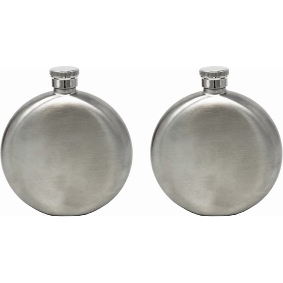 Set of 2 Round Stainless Steel Pocket Hip Flasks (Brushed Silver, 5 oz)