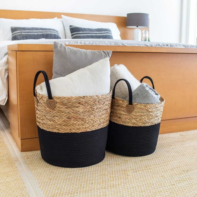 Black Weave Baskets with Lids, 3-Piece Set