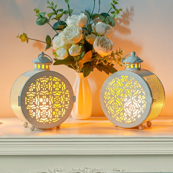 Set of 2 Round Vintage Metal Candle Lanterns 7.5" H Decorative Hanging Candle Holders for Indoor Outdoor Parities Weddings Patio and Garden(White, Hollow Retro Pattern)
