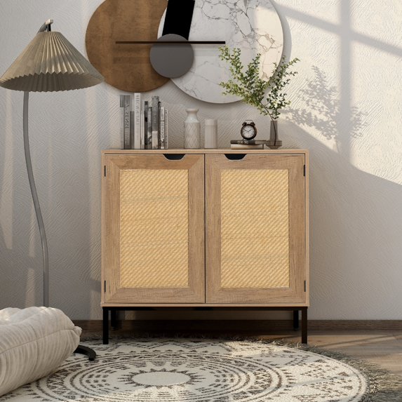 Set of 2 Rustic Accent Storage Cabinet with 2 Rattan Doors, Mid Century Natural Wood Sideboard Furniture for Living Room
