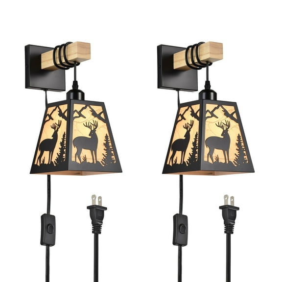 Set of 2 Rustic Black Wall Sconces with Parchment Shades, Plug-in Farmhouse Wall Lights for Bedroom, Living Room, Hallway