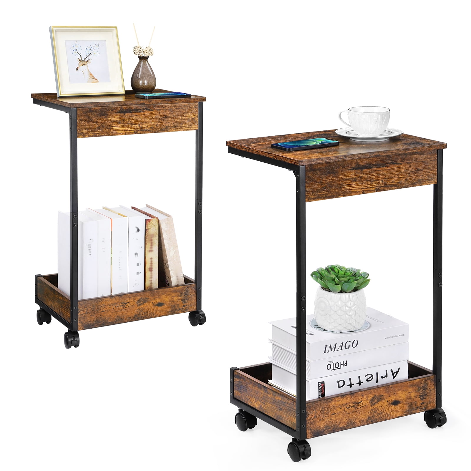 Set of 2 Rustic Brown C-Shaped End Tables with Wheels, Rolling Side Tables for Couch, Mobile C Tables with Storage Tray for Living Room Bedroom