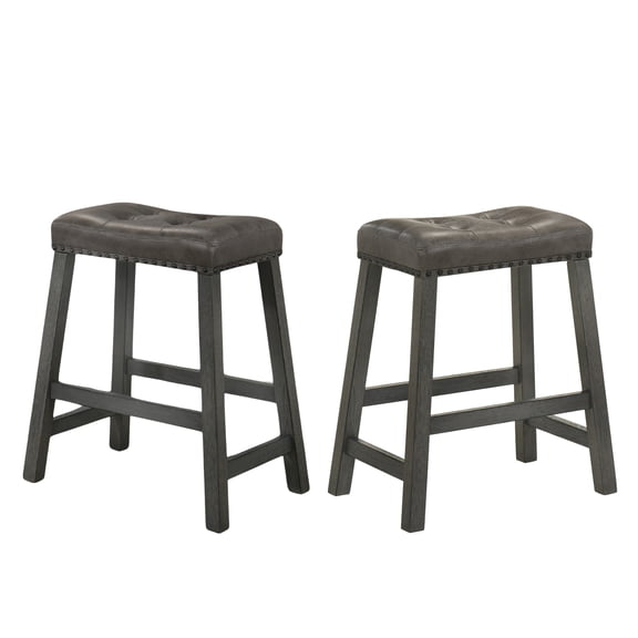 Set of 2 Rustic Counter Stools, 25-Inch Backless Wooden Farmhouse Barstools with Faux Leather Seat, Distressed Finish, Space-Saving Design