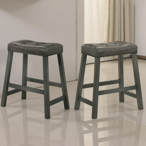 Set of 2 Rustic Counter Stools, 25-Inch Backless Wooden Farmhouse Barstools with Faux Leather Seat, Distressed Finish