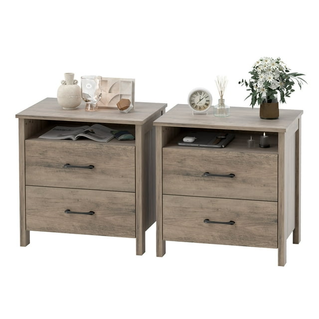 Set of 2 Rustic Farmhouse Nightstands,Light Brown Wood End Tables with Open Shelf and 2 Drawers, Bedroom Side Tables