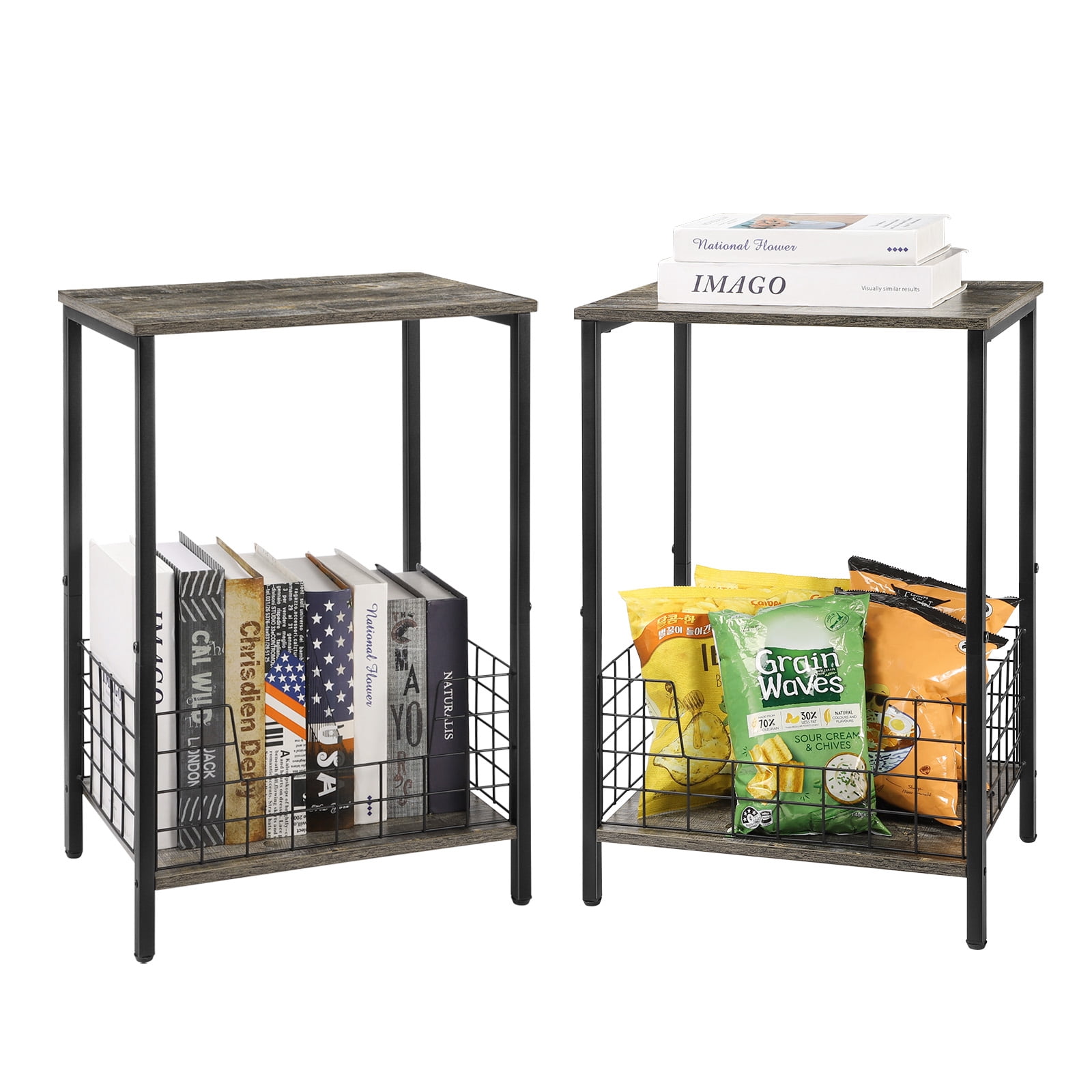 Set of 2 Rustic Gray End Tables with Wire Storage Basket, Industrial Nightstands for Living Room Bedroom