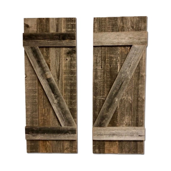 Set of 2 Rustic Natural Weathered Grey Wood Window Shutters with Hanger