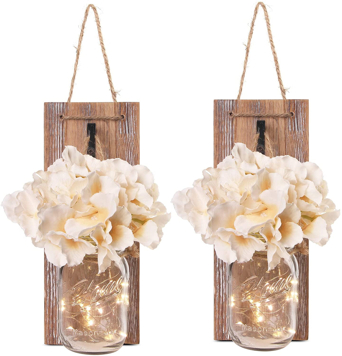 Set of 2 - Rustic Wall Sconces - Mason Jars Sconce with Hooks, LED Fairy Lights with Timer for Home Wall Door Decoration Gift