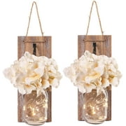 Set of 2 - Rustic Wall Sconces - Mason Jars Sconce with Hooks, LED Fairy Lights with Timer for Home Wall Door Decoration Gift