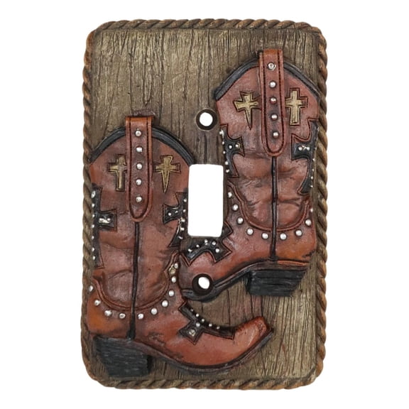 Set of 2 Rustic Western Cowboy Boots Faux Wood Wall Single Toggle Switch Plates