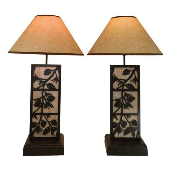 Set of 2 Rustic Western Pinecone On Branches Wood Metal Bedside Table Lamps
