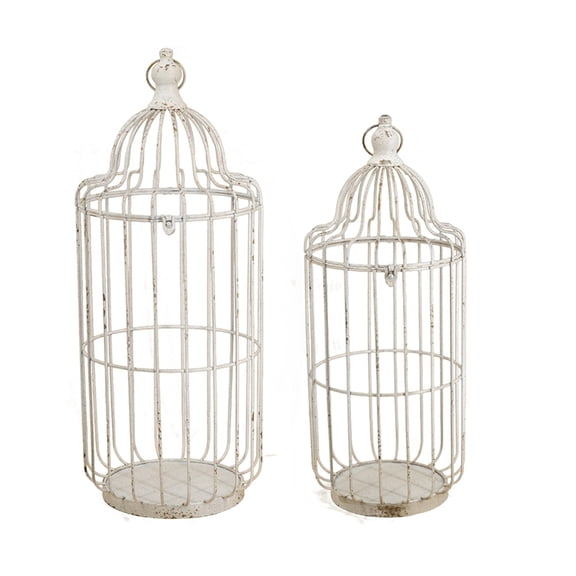 Set of 2 Rustic White Iron Birdcage Lanterns, 26.5" & 22.5"
