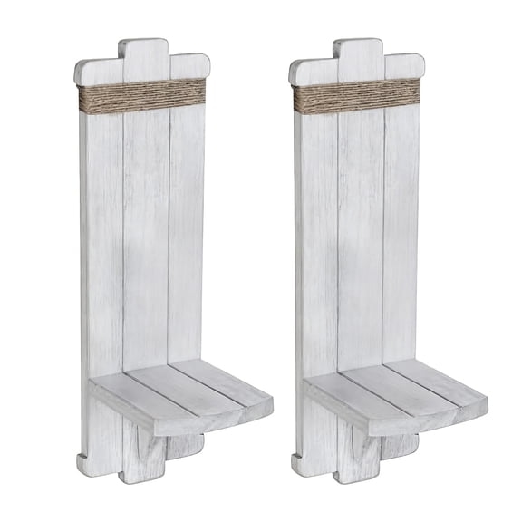 Set of 2 Rustic Wood Wall Shelf Sconces, Distressed White Display Stands with Rope Detail for Plants Candles Books 16" X 5" X 5"