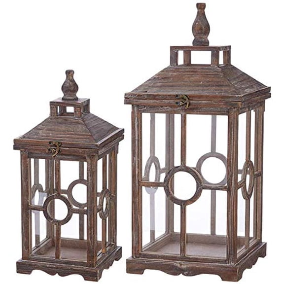 Set of 2 Rustic Wood and Glass Lanterns