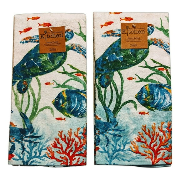 Set of 2 SEA SPLASH Sea Turtle Terry Kitchen Towels by Kay Dee Designs