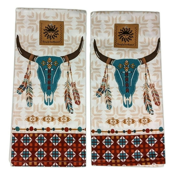 Set of 2 SIMPLY SOUTHWEST Steer Skull Kitchen Tea Towels by Kay Dee Designs