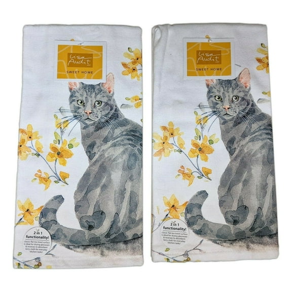 Set of 2 SWEET HOME Cat & Yellow Flowers Terry Kitchen Towels by Kay Dee Designs