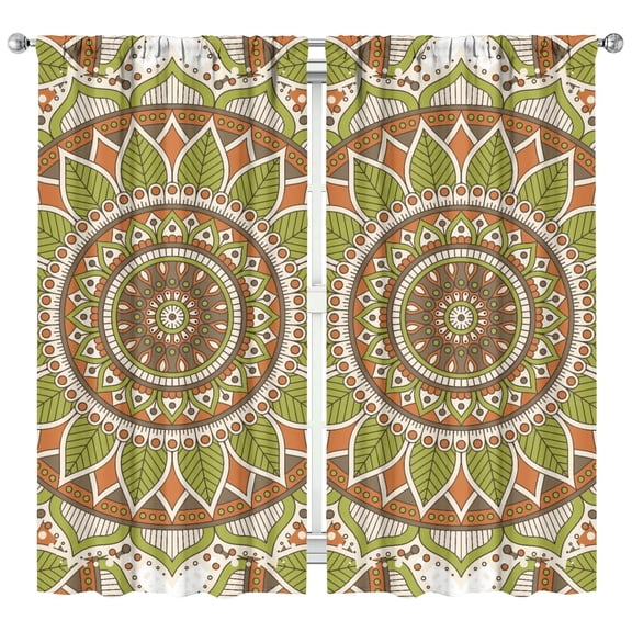 Set of 2 Sacred Symbolic Mandala Curtains Semi-Sheer 42x84 Inch Farmhouse Caf Rod Pocket Panels