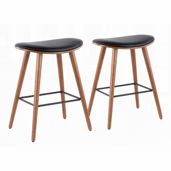 Set of 2 Saddle 26" Mid-Century Modern Counter Stools in Walnut & Black Faux Leather - Fixed Height