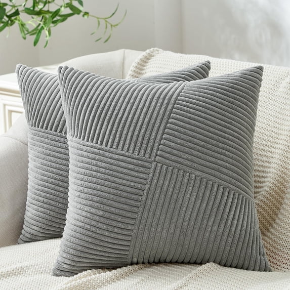 Set of 2 Sage Green Decorative Throw Pillow Covers 12x12 Inch Soft Corduroy Windmill Textured Striped Patchwork Cushion Cases for Sofa Bed Home Decor