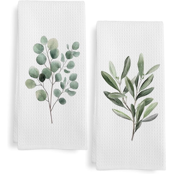 Set of 2 Sage Green Eucalyptus Kitchen Towels Botanical Dish Tea Towels for Kitchen, Eucalyptus Decorative Hand Towel for Bathroom, 16x24 Inch