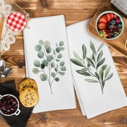 Set of 2 Sage Green Eucalyptus Kitchen Towels Botanical Dish Tea Towels for Kitchen, Eucalyptus Decorative Hand Towel for Bathroom, 16x24 Inch