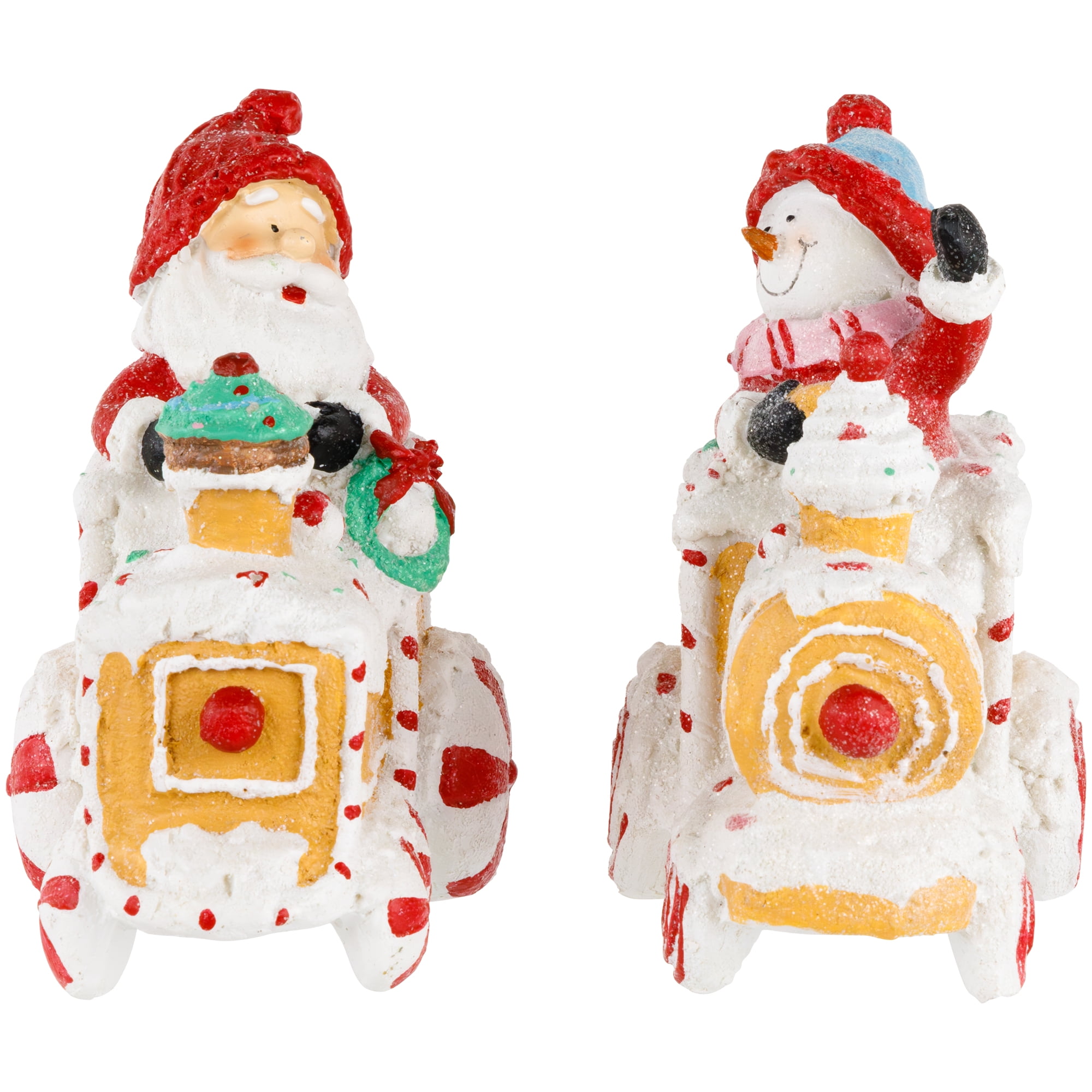 Set of 2 Santa and Snowman on Gingerbread Trains Christmas Figures - 6.75"