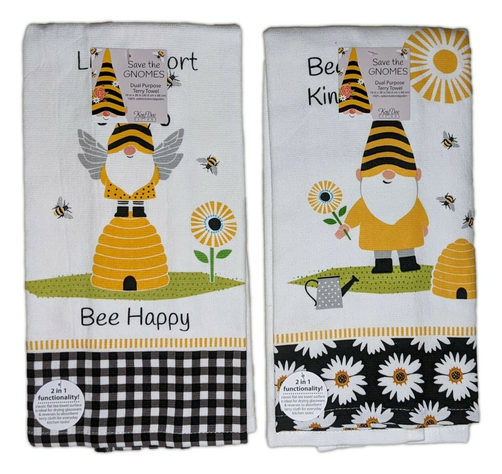 Set of 2 Save The Gnomes BEE KIND & HAPPY Terry Kitchen Towels - Thumbnail 2