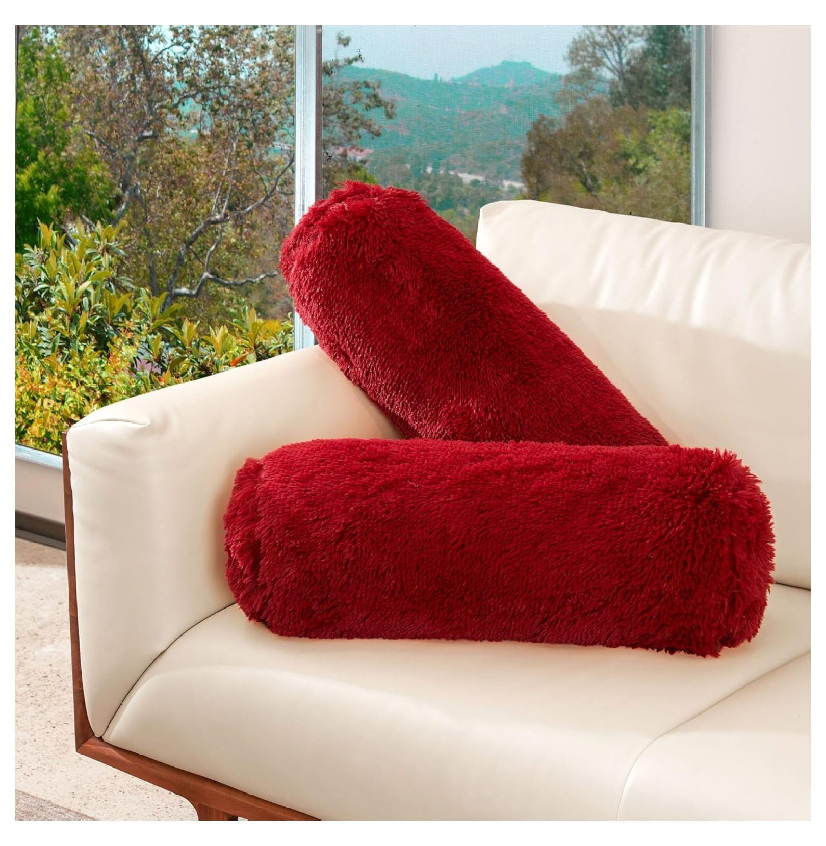 Set of 2 Maroon Shaggy Long Hair Bolster Pillows
