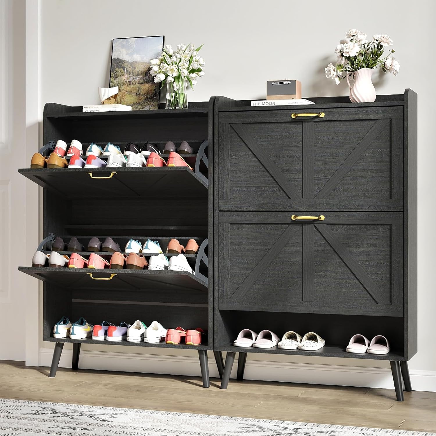Set of 2 Shoe Storage Cabinet, Black Entryway Shoe Storage with 2 Flip ...