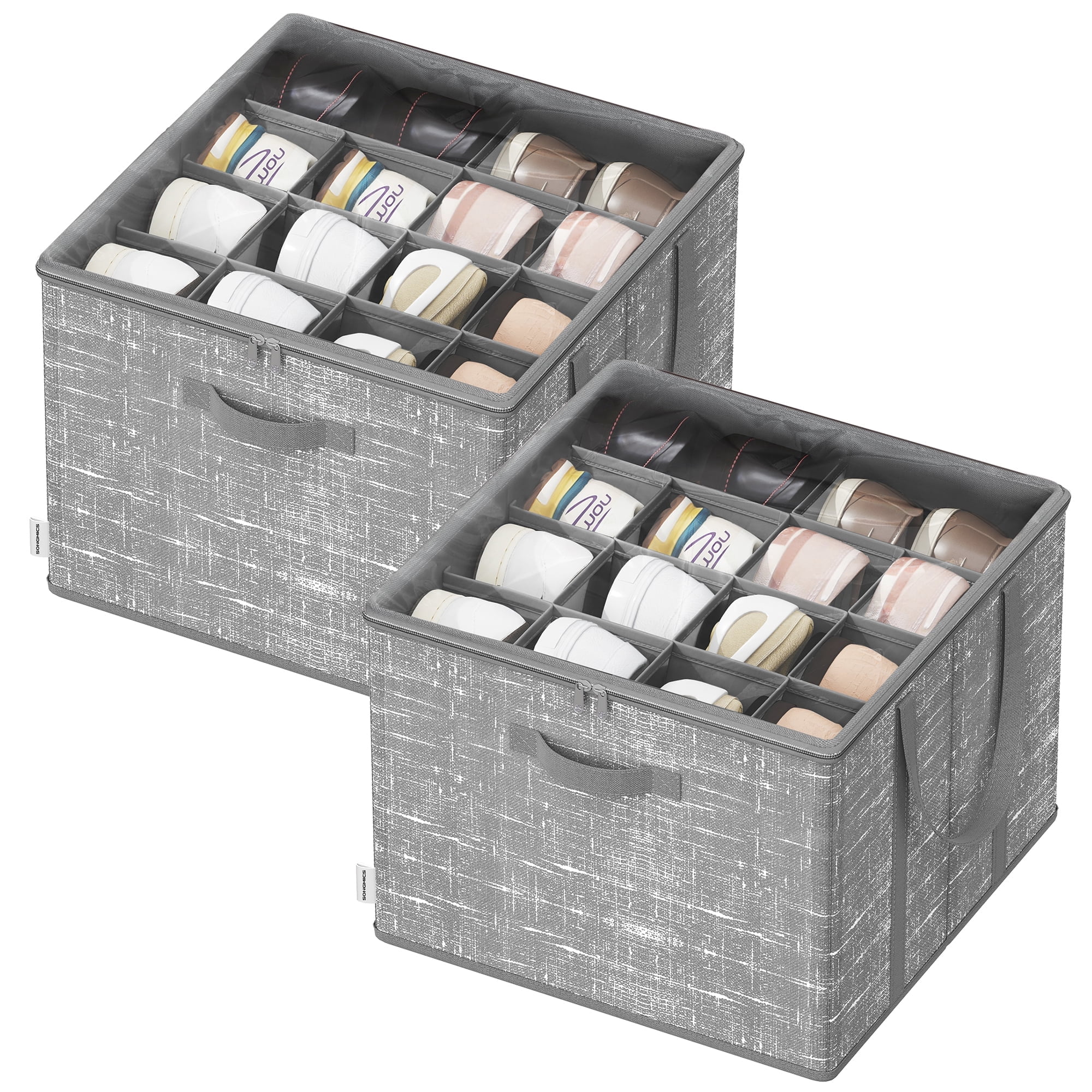 Set of 2 Shoe Storage Organizers - 16-Pair Capacity Each, Clear PVC Lid & Reinforced Handles, Foldable Fabric Bins for Closet, Cattail Gray