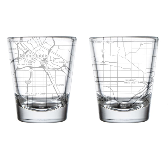 Set of 2 Shot Glasses 1.75oz Gift City Map Minneapolis Saint Paul, MN Minnesota