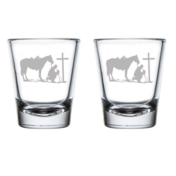 Set of 2 Shot Glasses 1.75oz Shot Glass Cowboy Praying Cross Horse