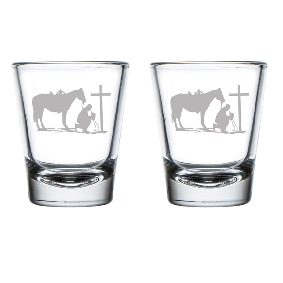 Set of 2 Shot Glasses 1.75oz Shot Glass Cowboy Praying Cross Horse