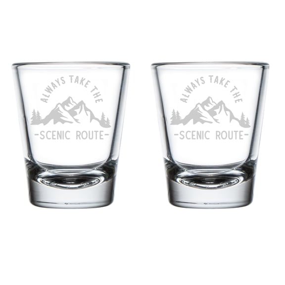 Set of 2 Shot Glasses 1.75oz Shot Glass Gift Always Take The Scenic Route Adventure Camping Hiking Outdoors