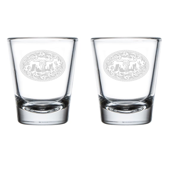 Set of 2 Shot Glasses 1.75oz Shot Glass Gift Bull Skull Desert Belt Buckle