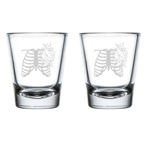 Set of 2 Shot Glasses 1.75oz Shot Glass Gift Floral Rib Cage Radiologist Gift, Radiologic Technologist, X-Ray Tech