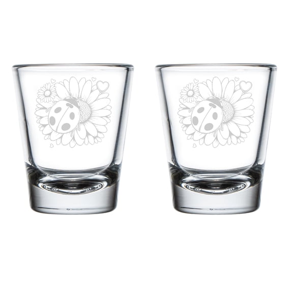 Set of 2 Shot Glasses 1.75oz Shot Glass Gift Ladybug On Sunflower