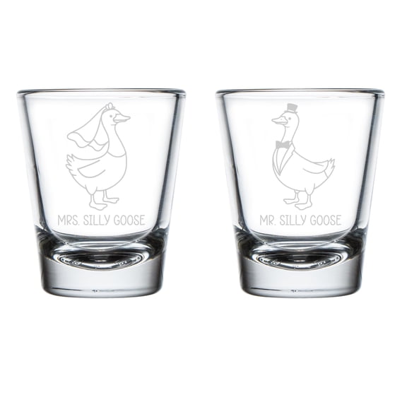 Set of 2 Shot Glasses 1.75oz Shot Glass Gift Mr. and Mrs. Silly Goose Wedding Engagement Newlywed for Couple