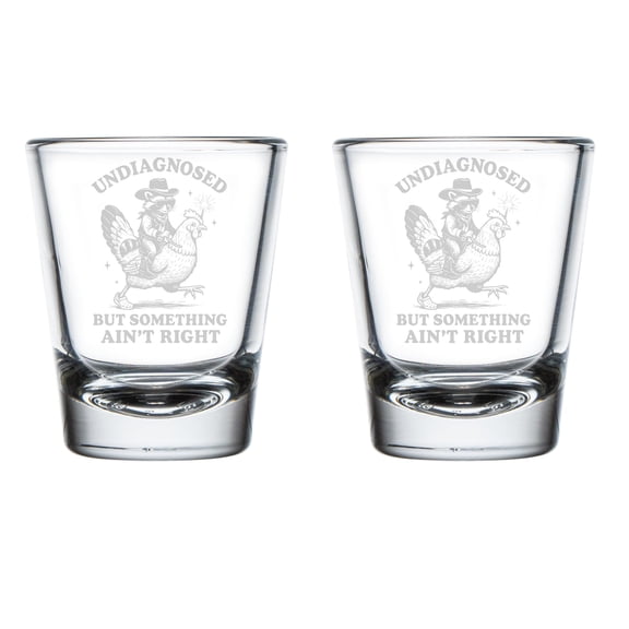 Set of 2 Shot Glasses 1.75oz Shot Glass Gift Undiagnosed But Something Aint Right Cowboy Raccoon Chicken Funny