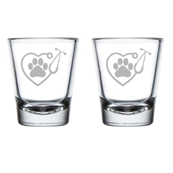 Set of 2 Shot Glasses 1.75oz Shot Glass Heart Stethoscope Vet Tech Veterinarian