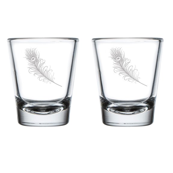 Set of 2 Shot Glasses 1.75oz Shot Glass Peacock Feather