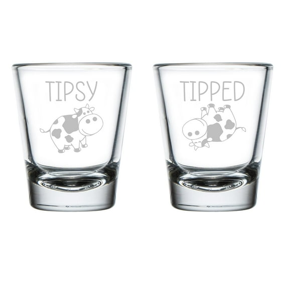 Set of 2 Shot Glasses 1.75oz Shot Glass Tipsy Tipped Cow Funny Gift